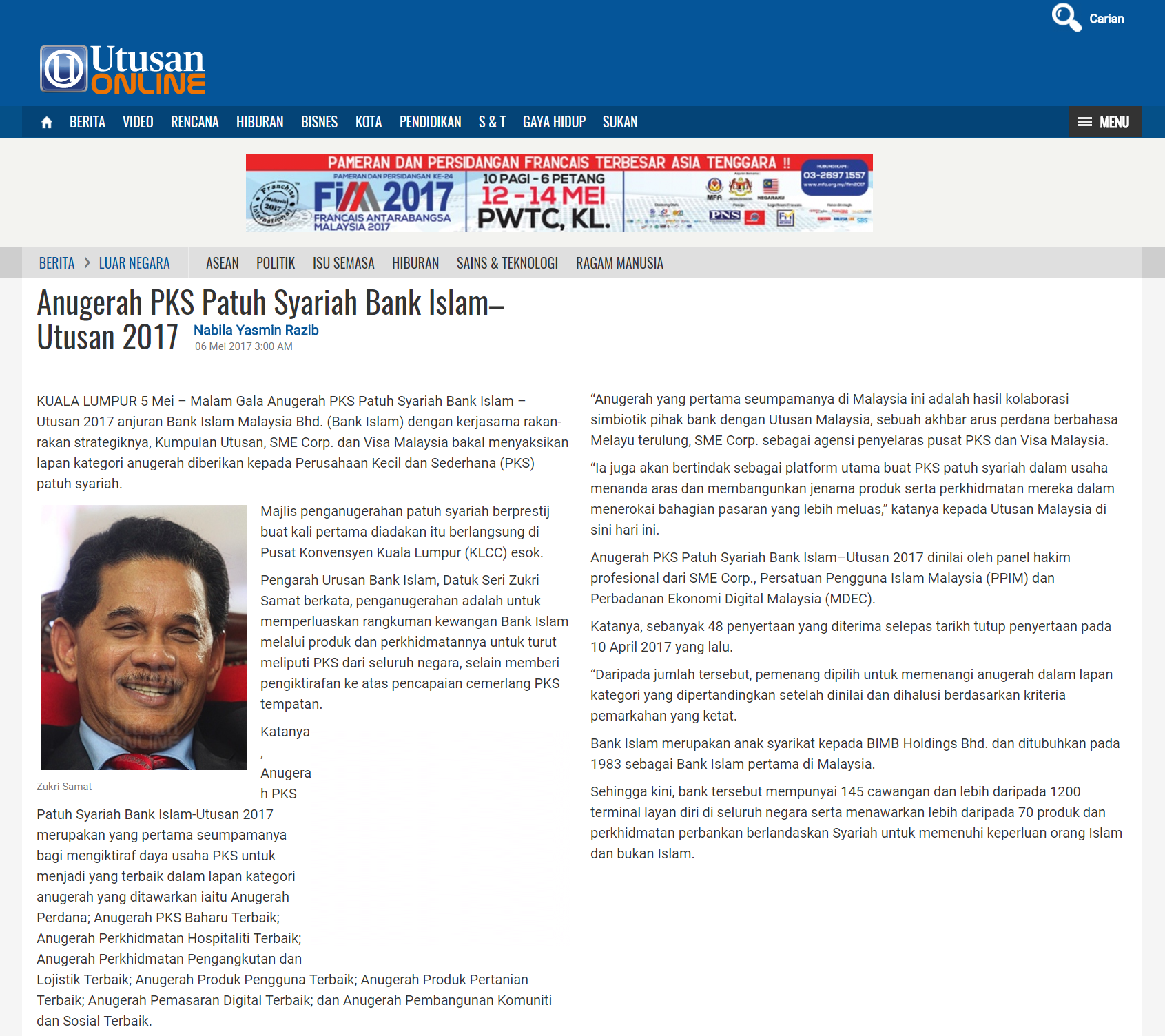 20170505 - Utusan Online - Perbankkan - Anugerah PKS Patuh Syariah Bank Islam