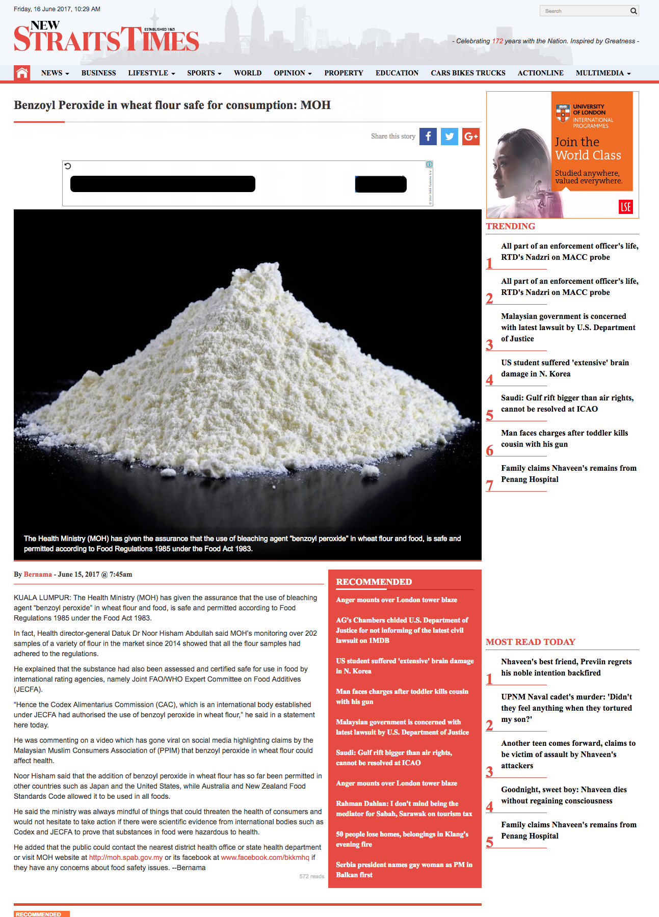 Benzoyl Peroxide in wheat flour safe for consumption  MOH   New Straits Times   Malaysia General Business Sports and Lifestyle News