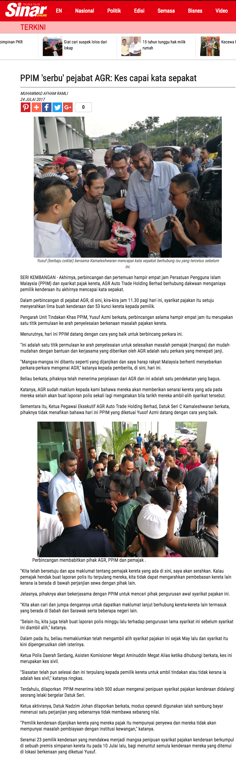 PPIM  serbu  pejabat AGR  Kes capai kata sepakat   Semasa   Sinar Harian
