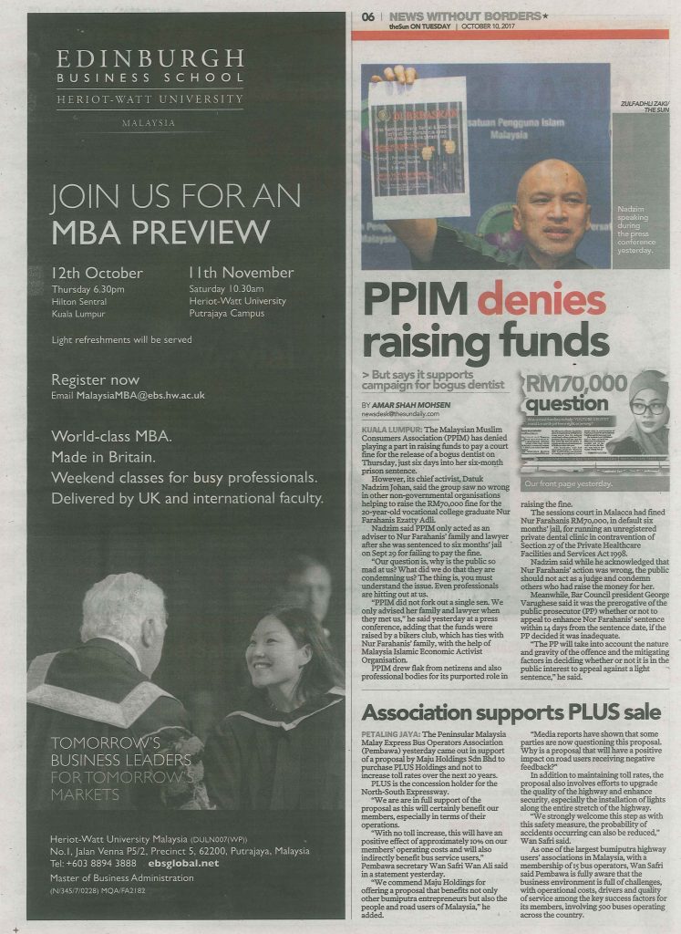 The Sun (10.10.17) PPIM denies raising funds