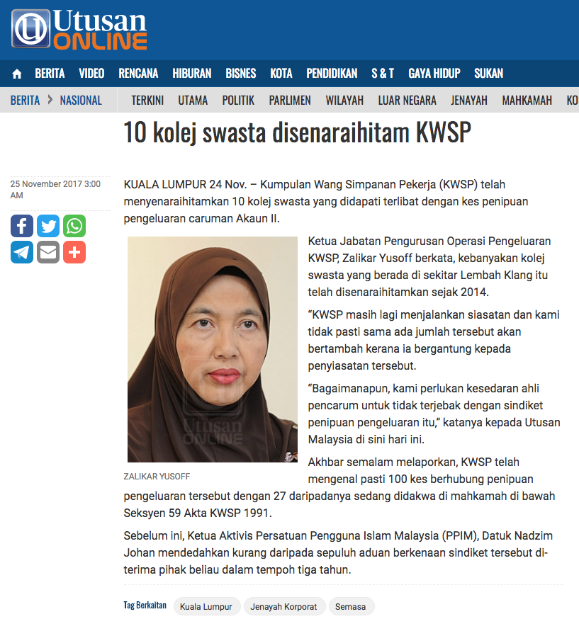 10 kolej swasta disenaraihitam KWSP   Nasional   Utusan Online