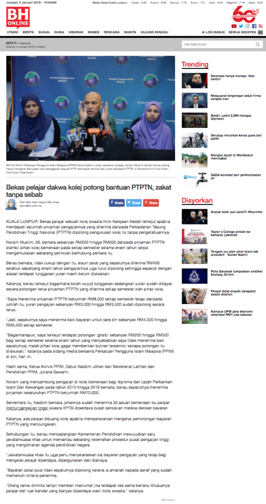 Bekas pelajar dakwa kolej potong bantuan PTPTN zakat tanpa sebab Nasional Berita Harian