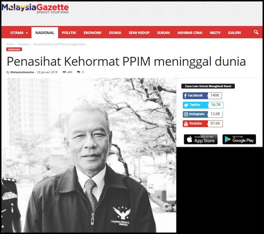 Malaysia gazette ( Penasihat kehormat PPIM meninggal dunia ) 24.1.19