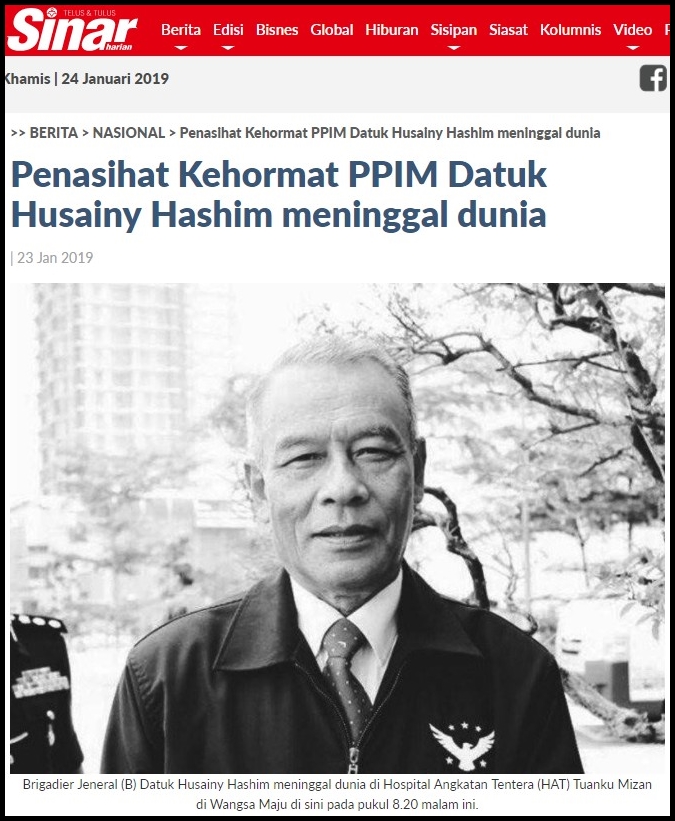 Sinar ( penasihat kehormat PPIM Datuk Husainy Hashim meniggal dunia ) 24.1.19