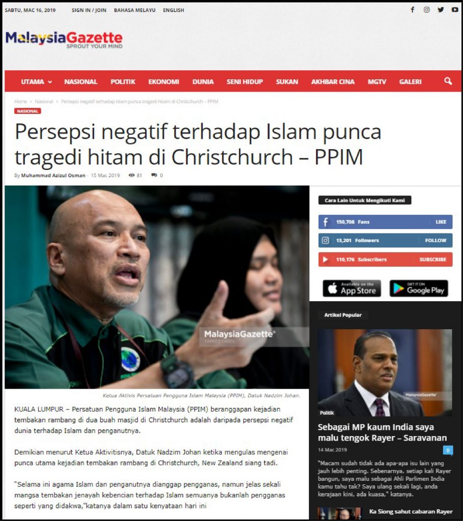 Malaysia Gazette ( persepsi negatif terhadap islam punca tragedi hitam ) 15.3.19-01